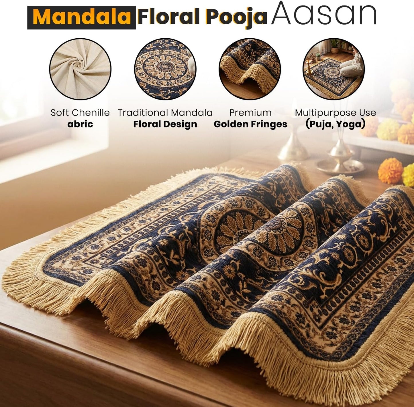 Soft Chenille Prayer Mat | Traditional Mandala Floral Pooja Aasan with Golden Fringes | Multipurpose Square Rug for Meditation, Yoga, Puja Room & Home (Red, 2x2 Feet)