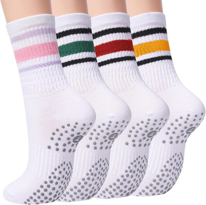 Toes Home Pilates Socks for Women with Non Slip Grippers, Yoga Crew Socks for Barre Hospital Sticky Slipper Socks 4 Pairs