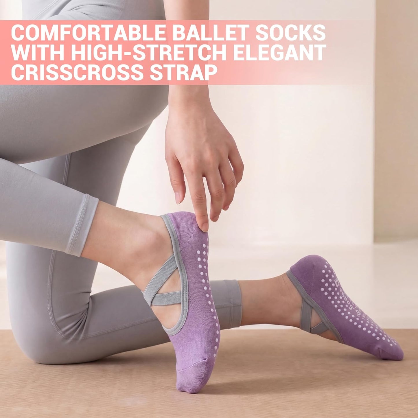 ihuan 6 Pairs Pilates Socks for women, Non-Slip Yoga Socks With Grip&Strap for Dance Barre Ballet Fitness Workout（5-9）