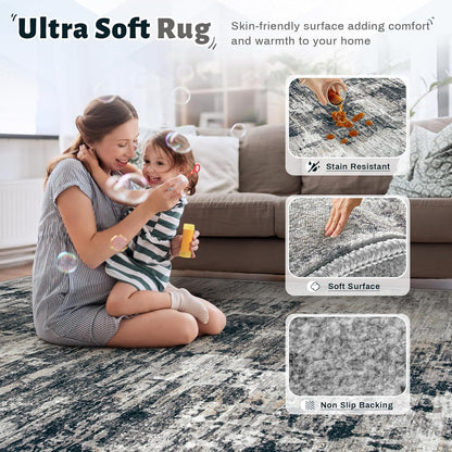 XLUEZ 8x10 Area Rugs for Living Room, Washable Modern Abstract Large Area Rug Neutral Soft Non Slip Kids Rug Stain Resistant Indoor Carpet for Bedroom Nursery Dining Children's Room(Blue, 8'x10')