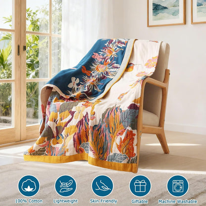 Boho Throw Blanket - 100% Cotton Soft Summer Throw Blanket for Bed, 50"x60" Reversible Breathable Lightweight Blankets, All Seasons Farmhouse Decor Floral Plant Butterfly Throw Quilt