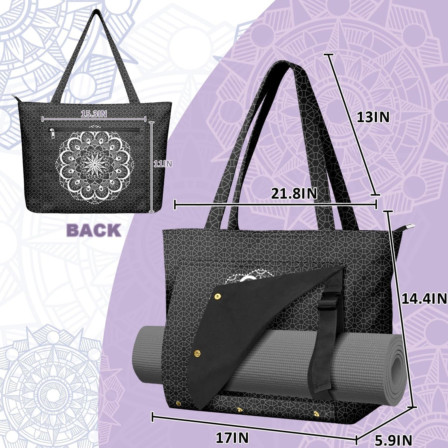 Yoga Bag for Women, Large Canvas Yoga Mat Tote Bag with Yoga Mat Carrier - Large Mat Pocket Fitness Tote for Pilates, Gym, Travel, Office & Beach