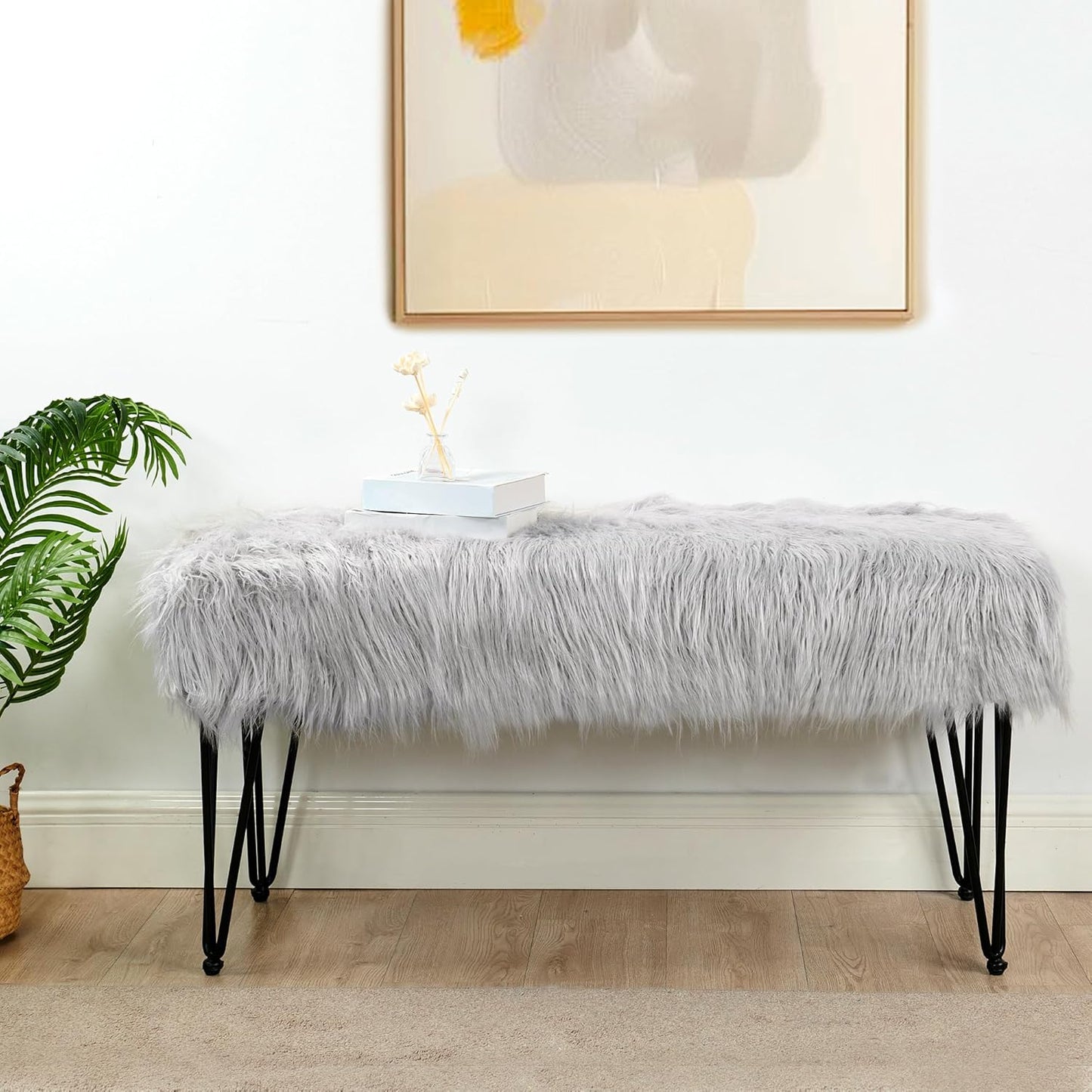 Home Soft Things Green Mongolian Faux Fur Ottoman, Desert Sage, 19'' x 13'' x 17'', Cozy Plush Fluffy Ottoman Foot Rest Stool for Living Room Bedroom Entryway Makeup Bench End of Bed Home Décor