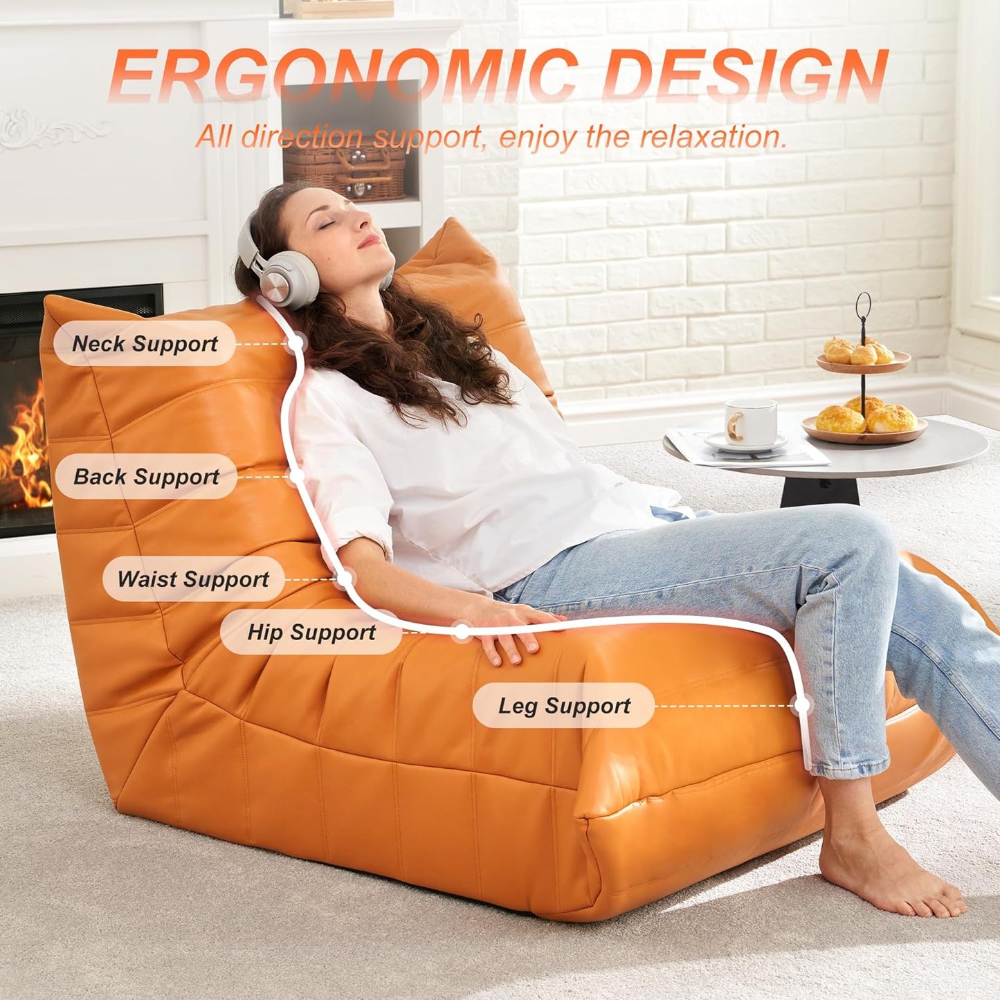 Hobestluk Giant Bean Bag Chair Lazy Floor Sofa, Memory Foam Fireside Sofa for Adults, Big Beanbag Faux Leather Armless Chair for Living Room Bedroom Dorm Office (Brown, Single)