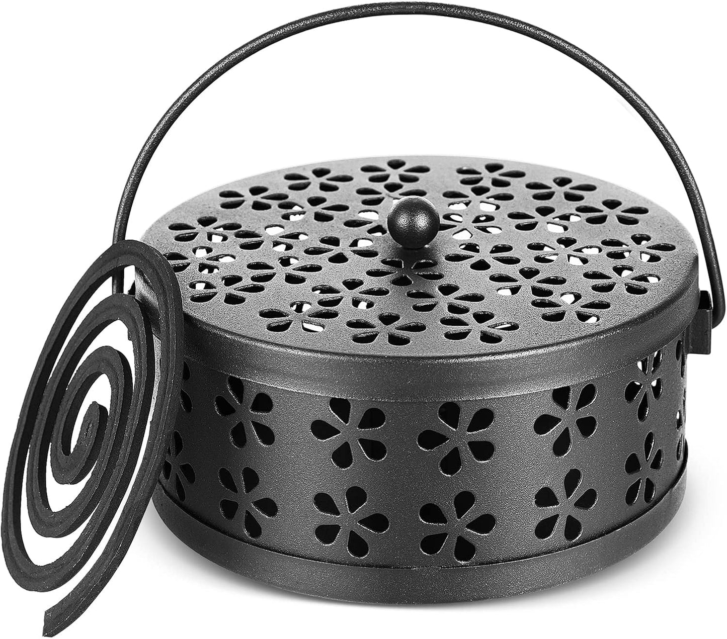 Portable Iron Mosquito Coil Holder with Handle Round Heat-Resistant Incense Holder (Bronze)