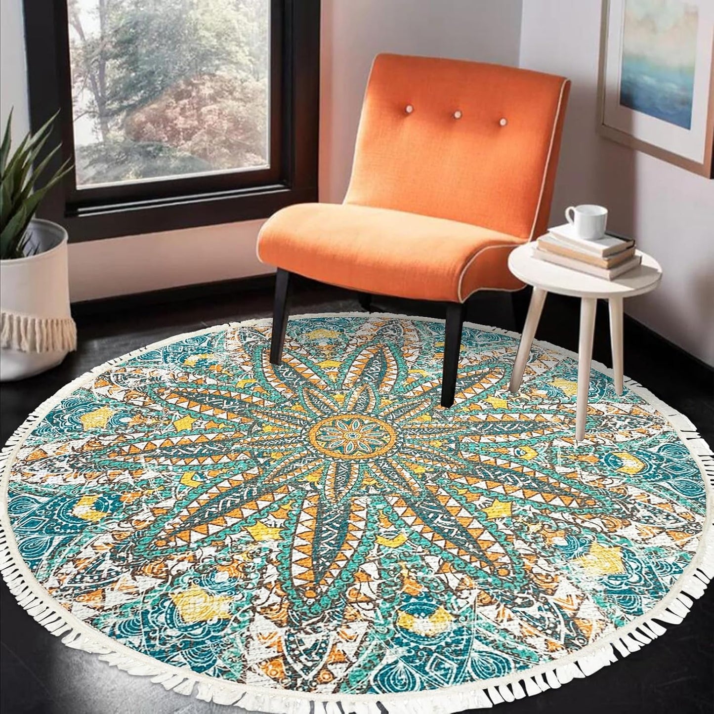 Boho Rug 5Ft Round Bedroom Carpet Circle Nonslip Farmhouse Area Rug Rustic Mandala Floor Mat for Living Room Locker Room Tassel Yoga Throw Rugs Washable Doormat, Purple