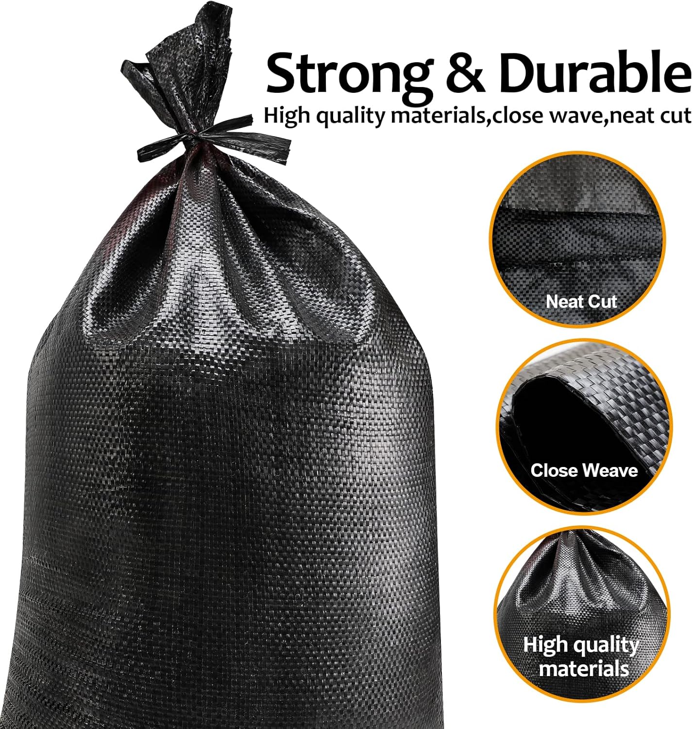 ASKIZ Heavy Duty Sand Bags With Tie Strings - 1600 Hours UV Protection, Polypropylene, 16" x 25.5" - Ultra Tough Sandbags for Hurricane Flooding (Black, 50 Bags)