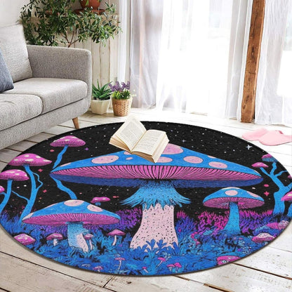 Machine Washable Modern Round Area Rug, Room Sofa Yoga Soft Round Carpet, Home Decor Non Slip Kitchen Office Circle Rug Trippy Rainbow Mushroom Tie Dye Art, 60inch