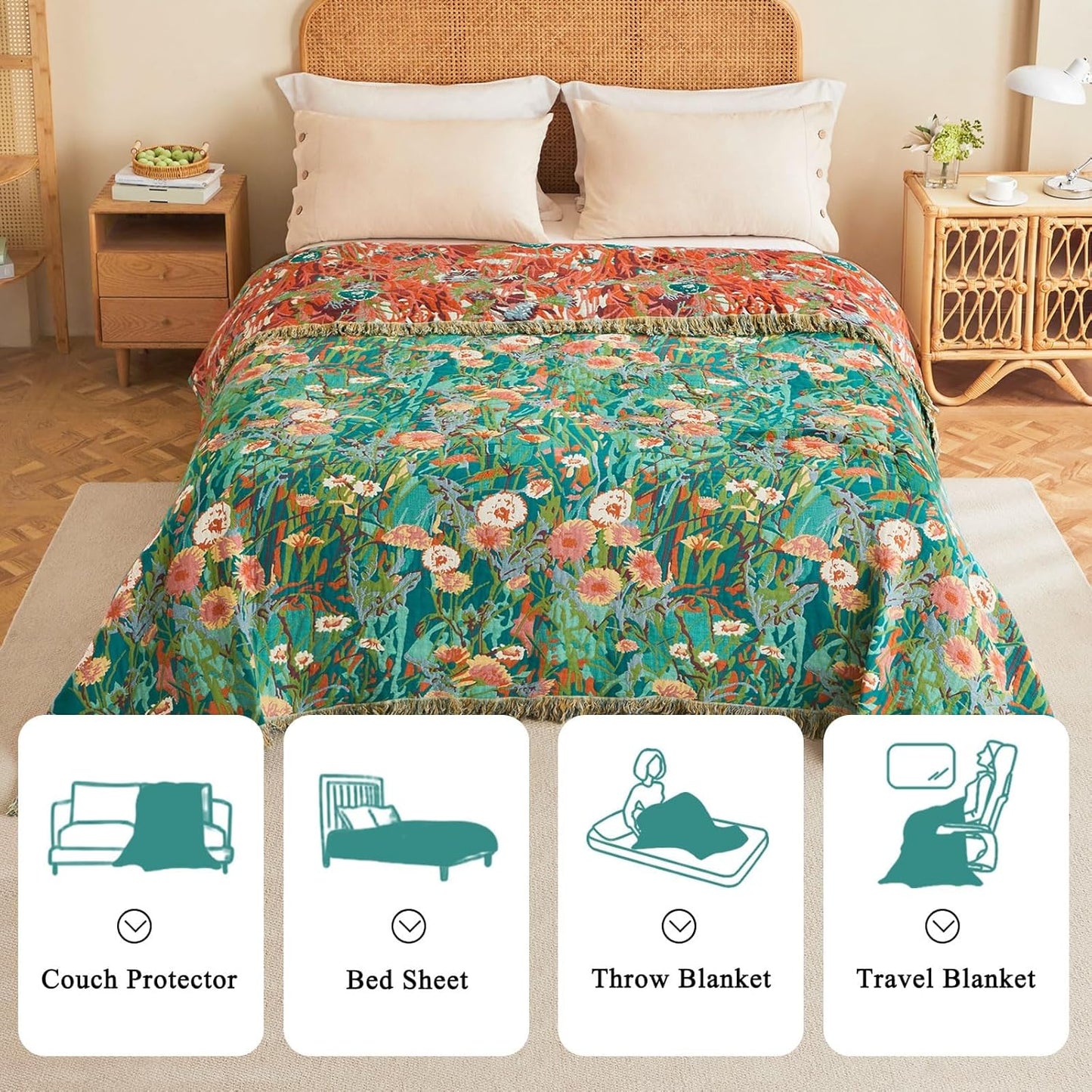 Boho Throw Blanket - 100% Cotton Soft Summer Throw Blanket for Bed, 50"x60" Reversible Breathable Lightweight Blankets, All Seasons Farmhouse Decor Floral Plant Butterfly Throw Quilt