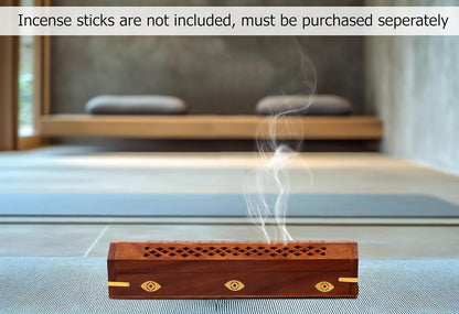 Sheesham Wood Incense Burner Holder - Set of 2 Coffin Style Sun Moon Inlay Handmade Aromatherapy Room Freshener Fragrance Cone Incense Stick Burner Ash Catcher - Zen Home Gift - 12x2x2 - COTTON CRAFT