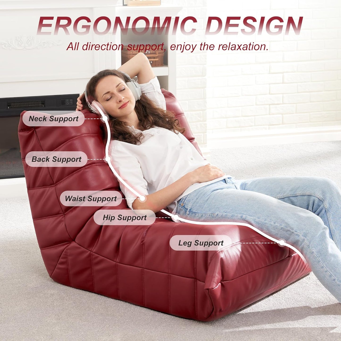 Hobestluk Giant Bean Bag Chair Lazy Floor Sofa, Memory Foam Fireside Sofa for Adults, Big Beanbag Faux Leather Armless Chair for Living Room Bedroom Dorm Office (Brown, Single)