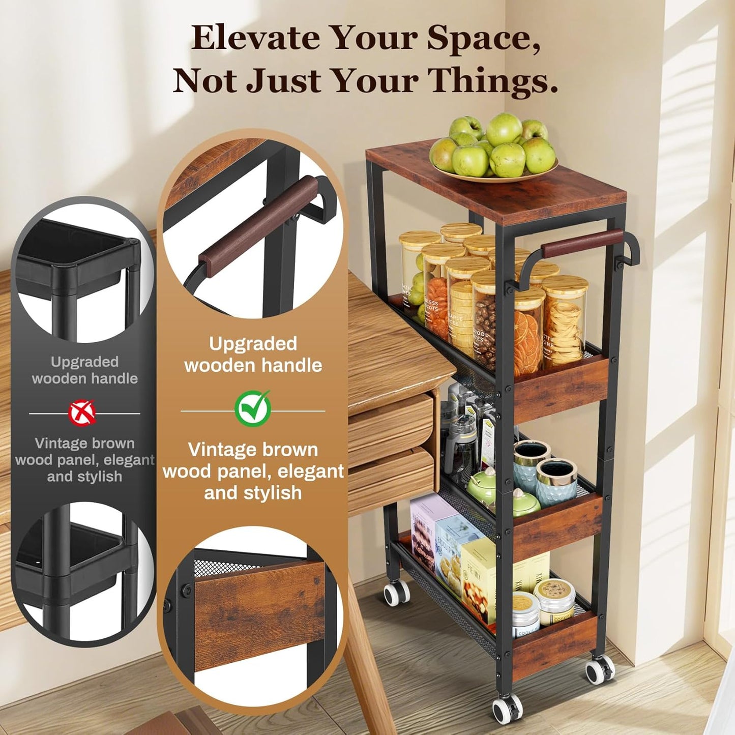4 Tier Home Gym Storage Rack with Wheels, Yoga Mat Rack Small Dumbbell Weight Rack, Multi-Functional Wood Metal Gym Equipment Storage Rack Workout Cart for Women Kettlebell Fitness Organizer