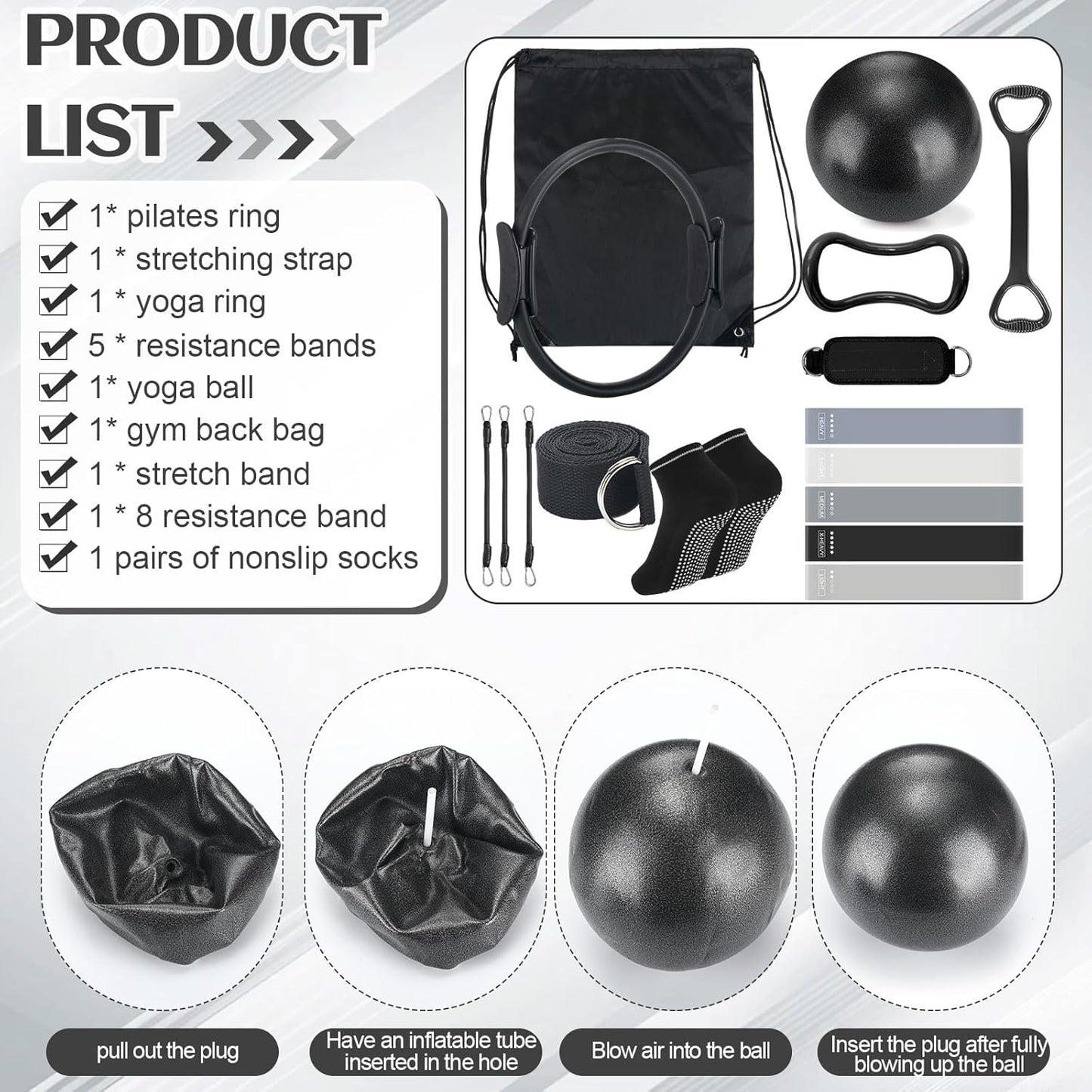 RoundFunny Pilates Ring Circle Set 18 Pcs Exercise Equipment Accessories for Women Workouts Pilates Ball Stretching Strap Magic Circle Yoga Ring Gym Back Bag Resistance Band Anti Slip Socks