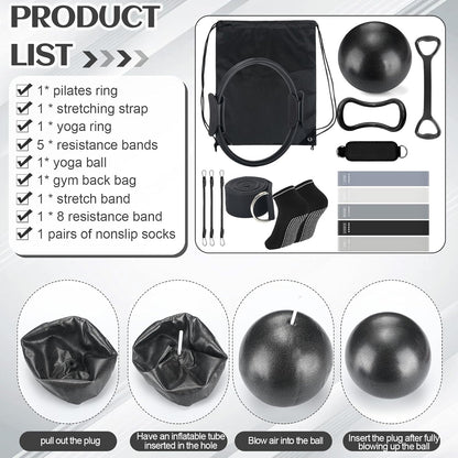 RoundFunny Pilates Ring Circle Set 18 Pcs Exercise Equipment Accessories for Women Workouts Pilates Ball Stretching Strap Magic Circle Yoga Ring Gym Back Bag Resistance Band Anti Slip Socks