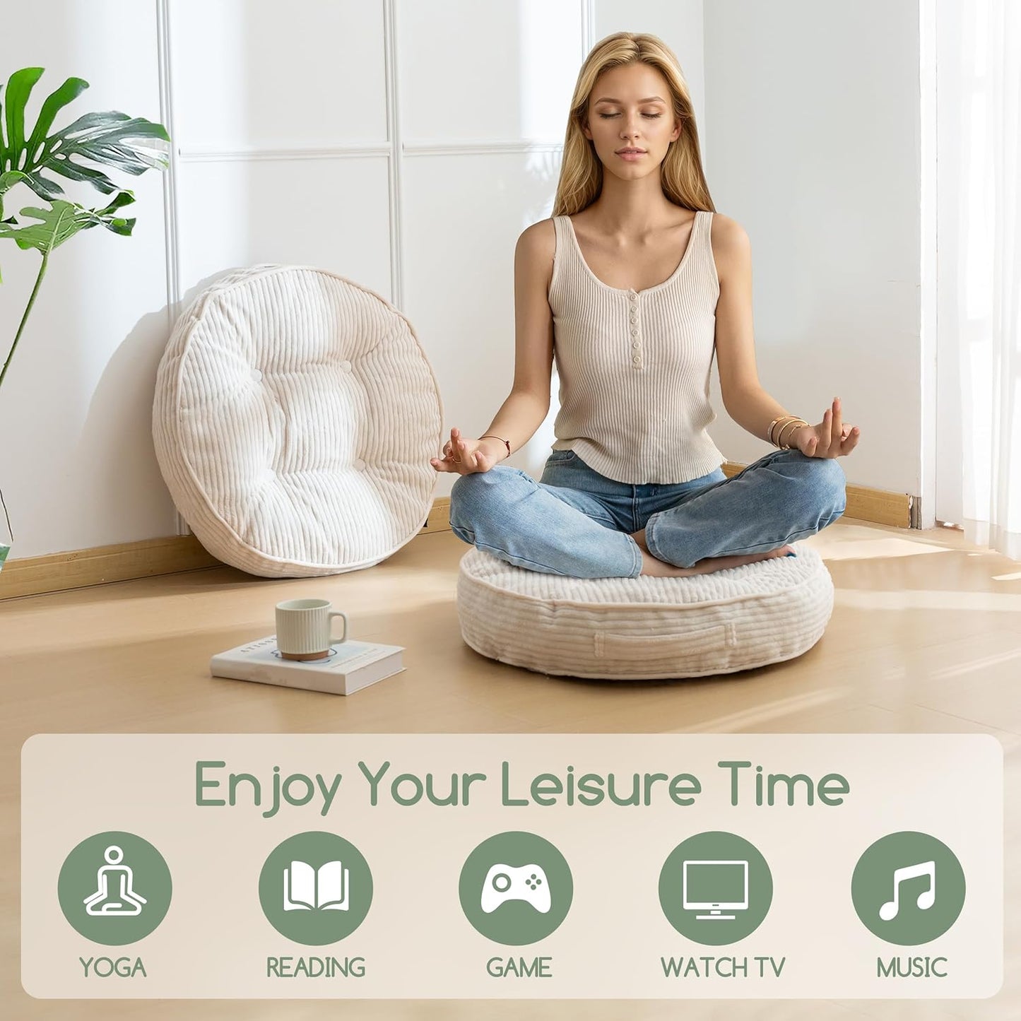 HIGOGOGO Floor Pillow Cushion for Adults, Meditation Cushion Pillow, Large Square Floor Sitting, Tufted Corduroy Cover, for Tatami Living Room or Yoga, 22x22 Inch, Dark Grey