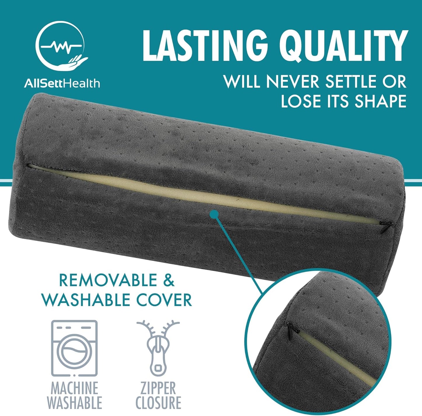 AllSett Health Round Cervical Roll Cylinder Bolster Pillow with Removable Washable Cover, Ergonomically Designed for Head, Neck, Back, and Legs, Grey | 13" X 5"