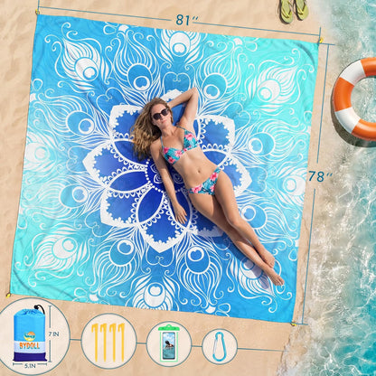 BYDOLL Beach Blanket Waterproof Sandproof Large Sand Free,78''X81''/10'X9' Oversized Sandless Lightweight Blanket Picnic Mat for Beach Travel Camping Hiking with Stakes