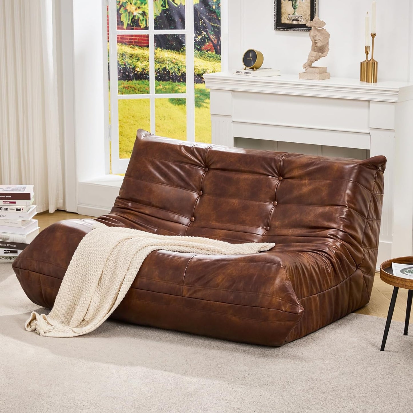Hobestluk Giant Bean Bag Chair Lazy Floor Sofa, Memory Foam Fireside Sofa for Adults, Big Beanbag Faux Leather Armless Chair for Living Room Bedroom Dorm Office (Brown, Single)