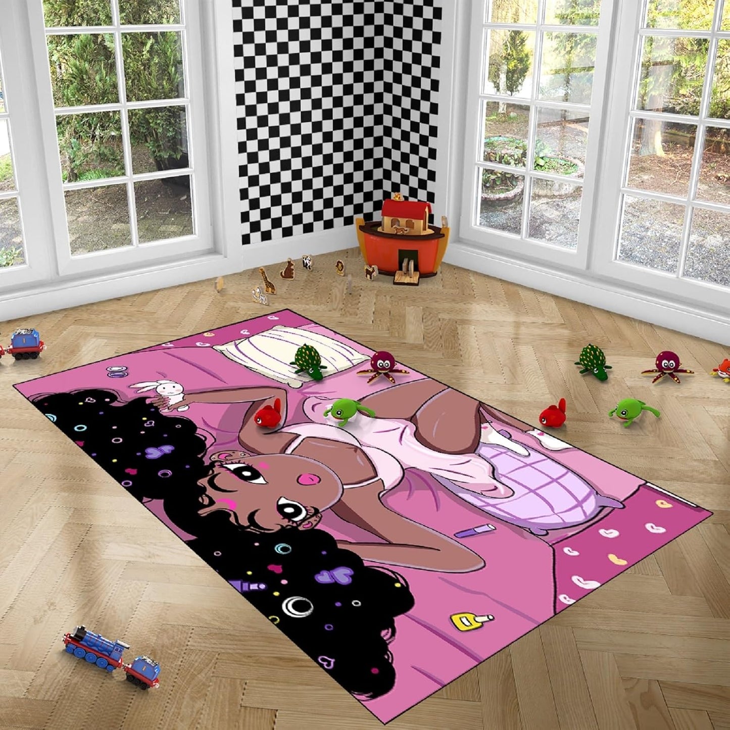 Black Girl Area Rug for Bedroom African American Rugs for Room Princess Carpet Kids Rugs for Bedroom African Girls Carpet for Living Room Teen Girls Yoga Mats, Pink, 4'×5'