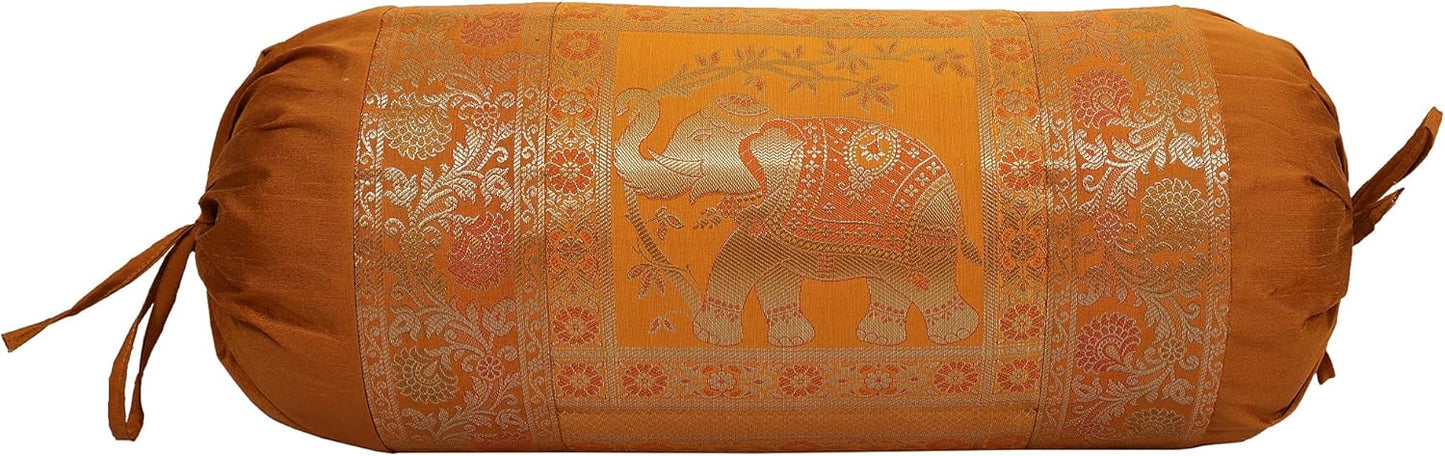 Ethnic Jacquard Brocade Silk Bolster Yoga Rectangular Pillowcase Cover Elephant Brown Tubular Massand Living Room Decorative Hotdog Indian Throw Pillowcase 76x38 cm - Set of 2 Pcs