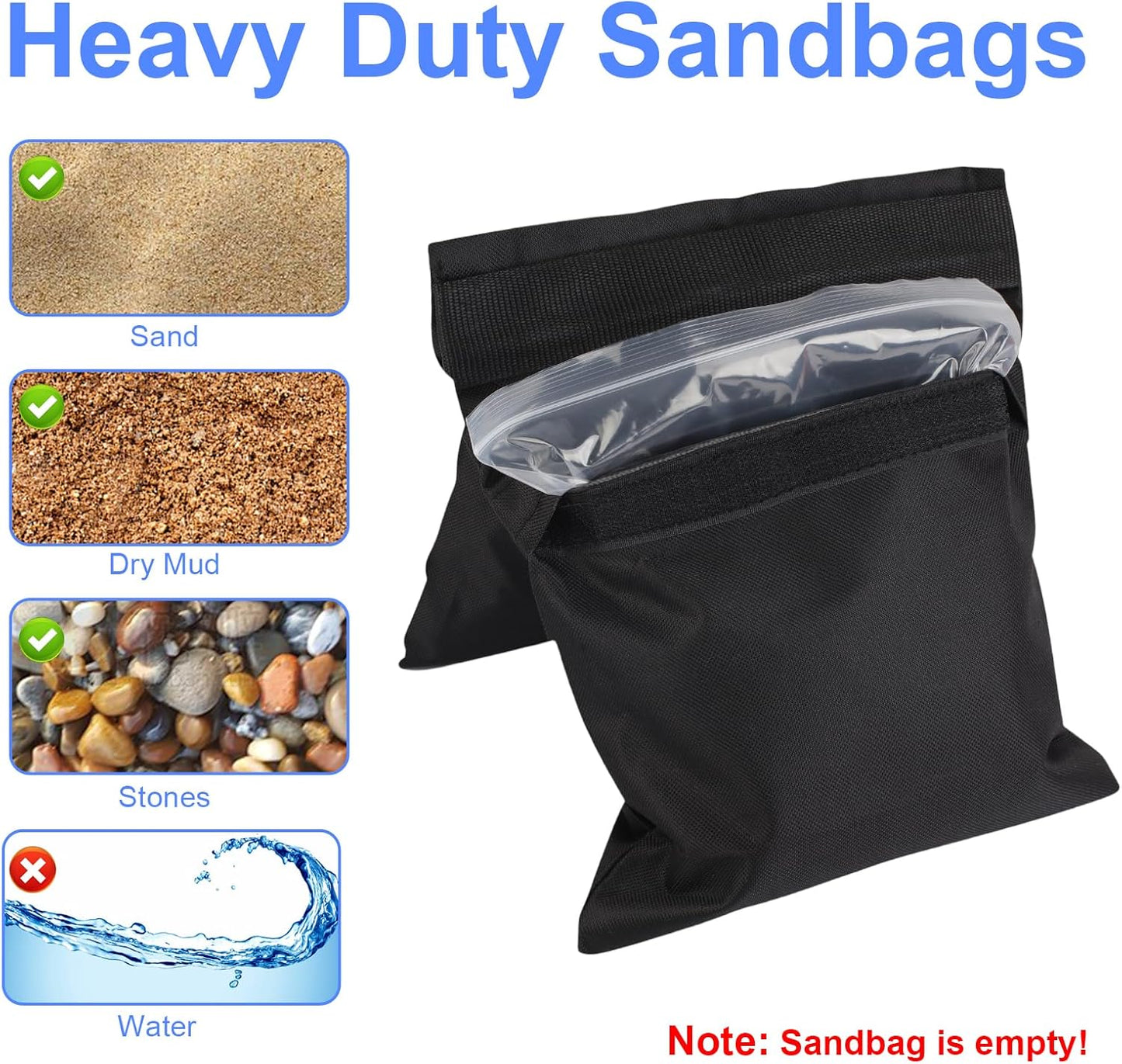 Rindion 2 Pack Sand Bags, Black Sand Bags for Weight, Heavy Duty Sandbags for Umbrella Base, Photography Video Equipment, Light Tripod, Fishing Chair, Sports, Backdrop Stand, Camping, Tent