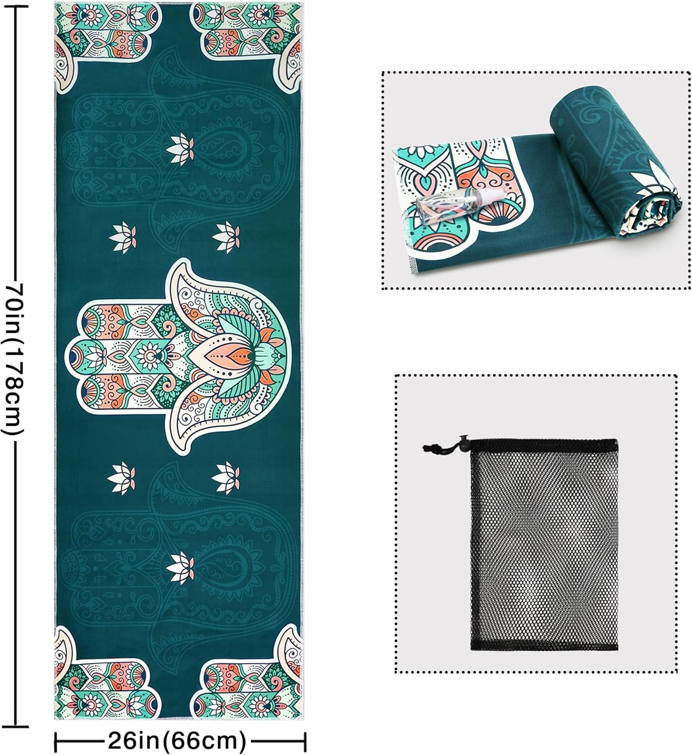 Yoga Mat Towel with Corner Pockets - Microfiber Yoga Towels for Hot Yoga Non Slip Moisture Wicking Sweat Absorbent, Tree of Life Yoga Towel Easy for Travel, Use in Hot Yoga,Bikram,Pilates and Fitness