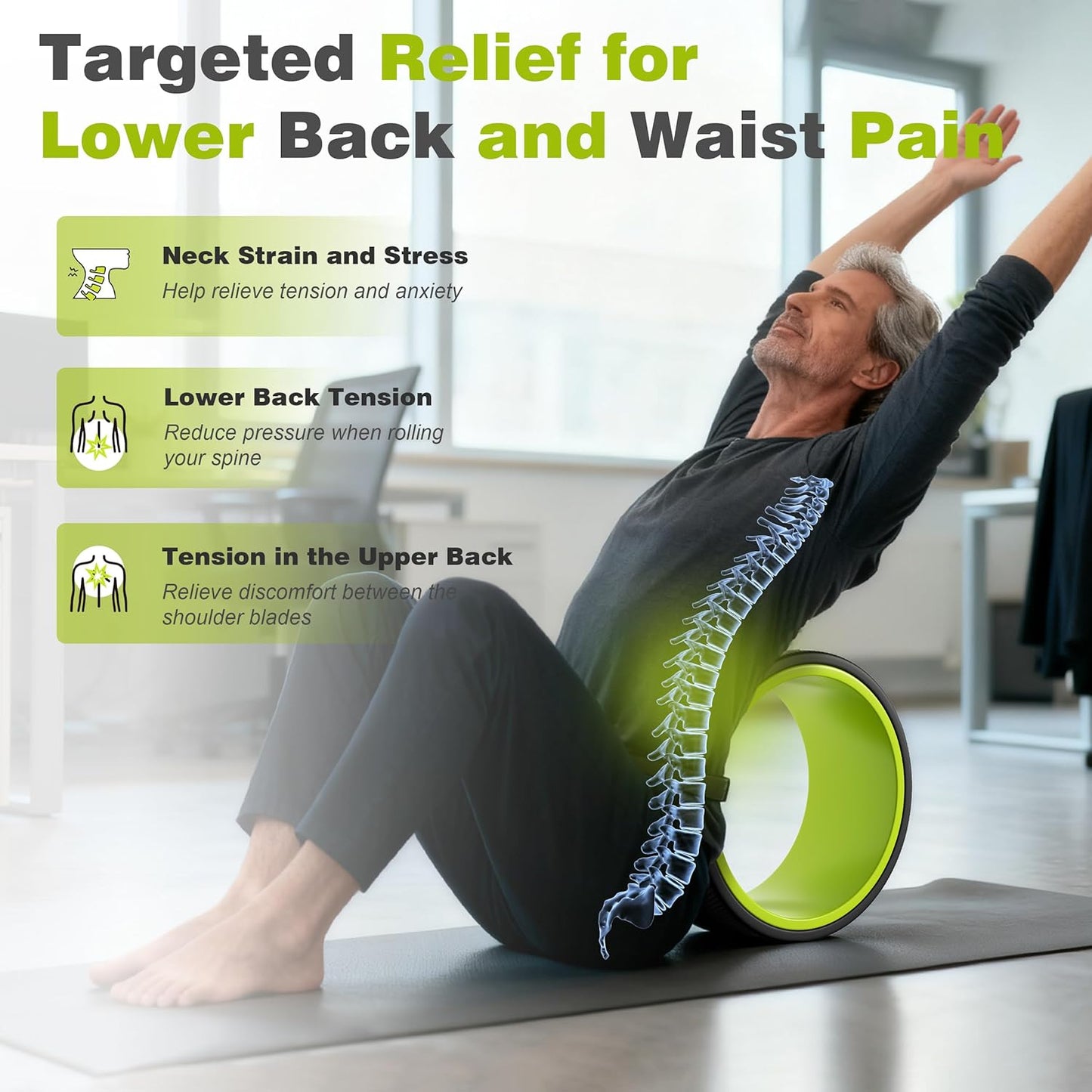 3 Pack Back Roller- Yoga Wheel for Back Pain Reliefn & Stretching, Back Wheel for Deep Tissue Massage, Foam Roller for Physical Therapy & Exercise