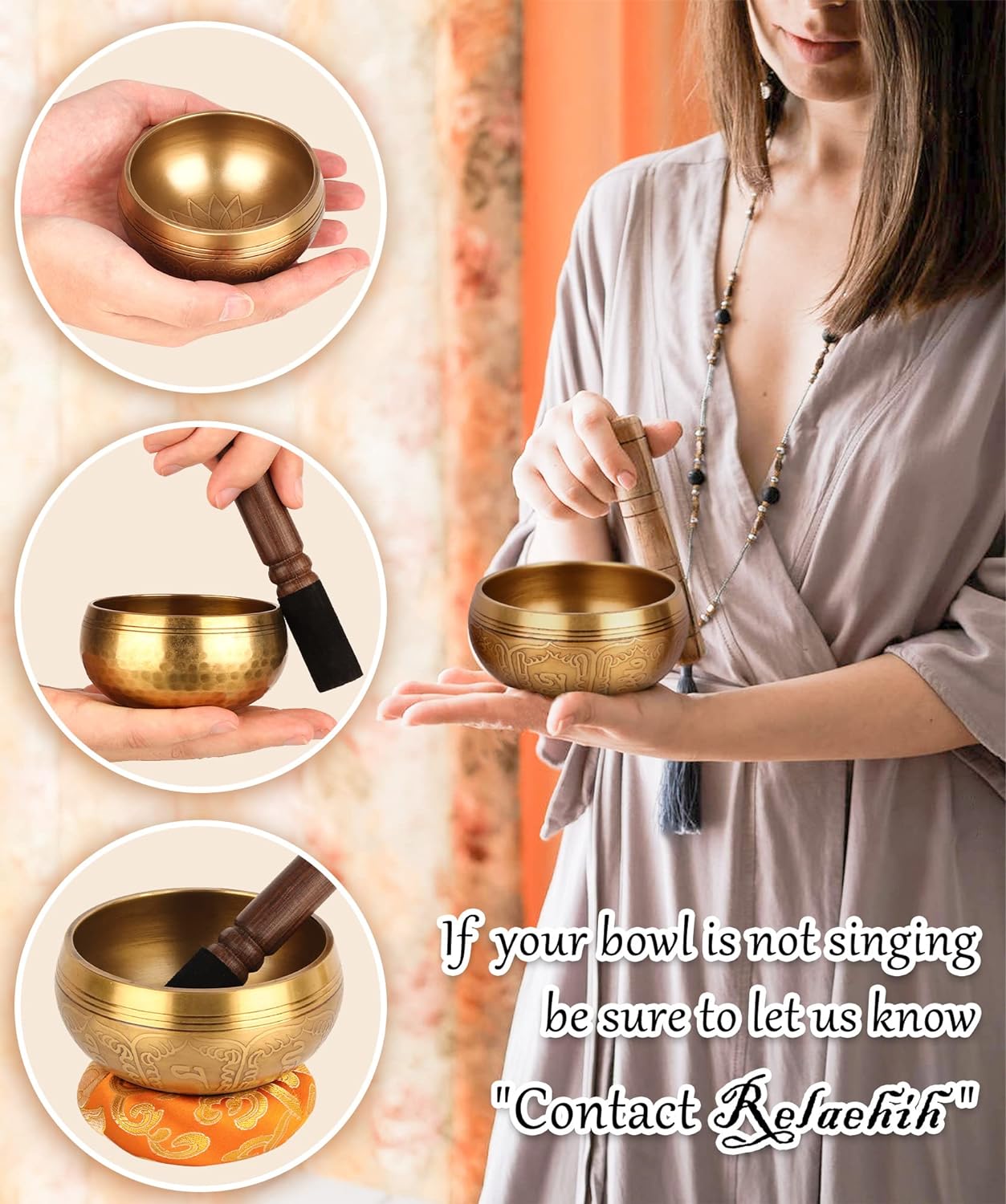 Relaehih Tibetan Singing Bowls Set-Hand-hammered in Nepal Sound Bowl for Meditation, Yoga, Chakra, Meditation Accessories, Stress Relief Tool and Unique Gifts for Women, Men (Yellow, 4 inch)