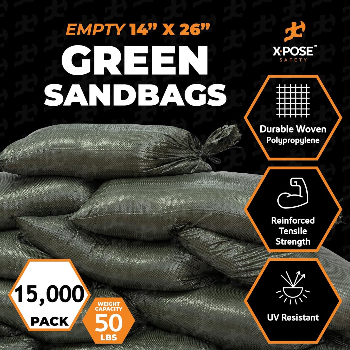 Xpose Safety Heavy Duty Sand Bags with Tie Strings – Empty Woven Polypropylene Sandbags for Hurricane Flood Protection, 50 lb Capacity, 14" x 26", White, Pack of 10
