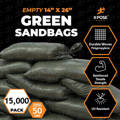 Xpose Safety Heavy Duty Sand Bags with Tie Strings – Empty Woven Polypropylene Sandbags for Hurricane Flood Protection, 50 lb Capacity, 14" x 26", White, Pack of 10