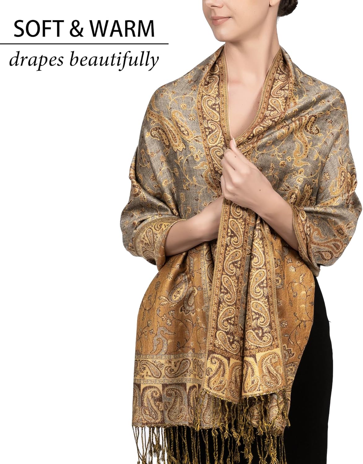 Achillea Reversible Paisley Pashmina Rave Scarf – Exotic Indian Shawls and Wraps for Evening Dresses, Festivals, All Seasons - Colors B