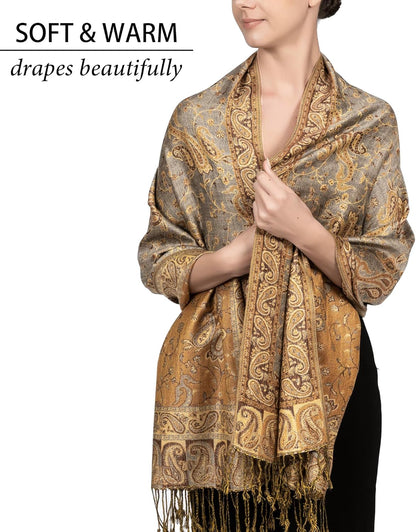 Achillea Reversible Paisley Pashmina Rave Scarf – Exotic Indian Shawls and Wraps for Evening Dresses, Festivals, All Seasons - Colors B