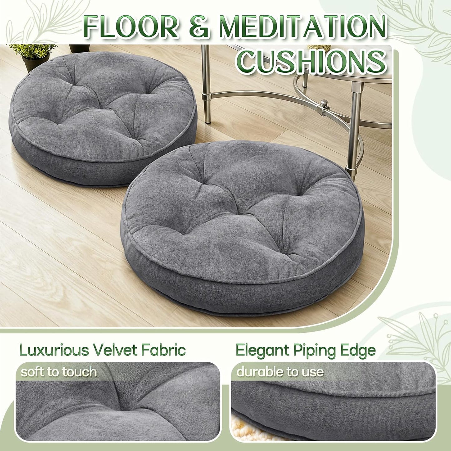 1 MIDDLE ONE Floor Pillow Set of 2, Memory Foam Meditation Cushion, Floor Cushions for Adults Sitting, Large Square Seat Cushions for Yoga, Living Room, 20x20 Inch (Grey)