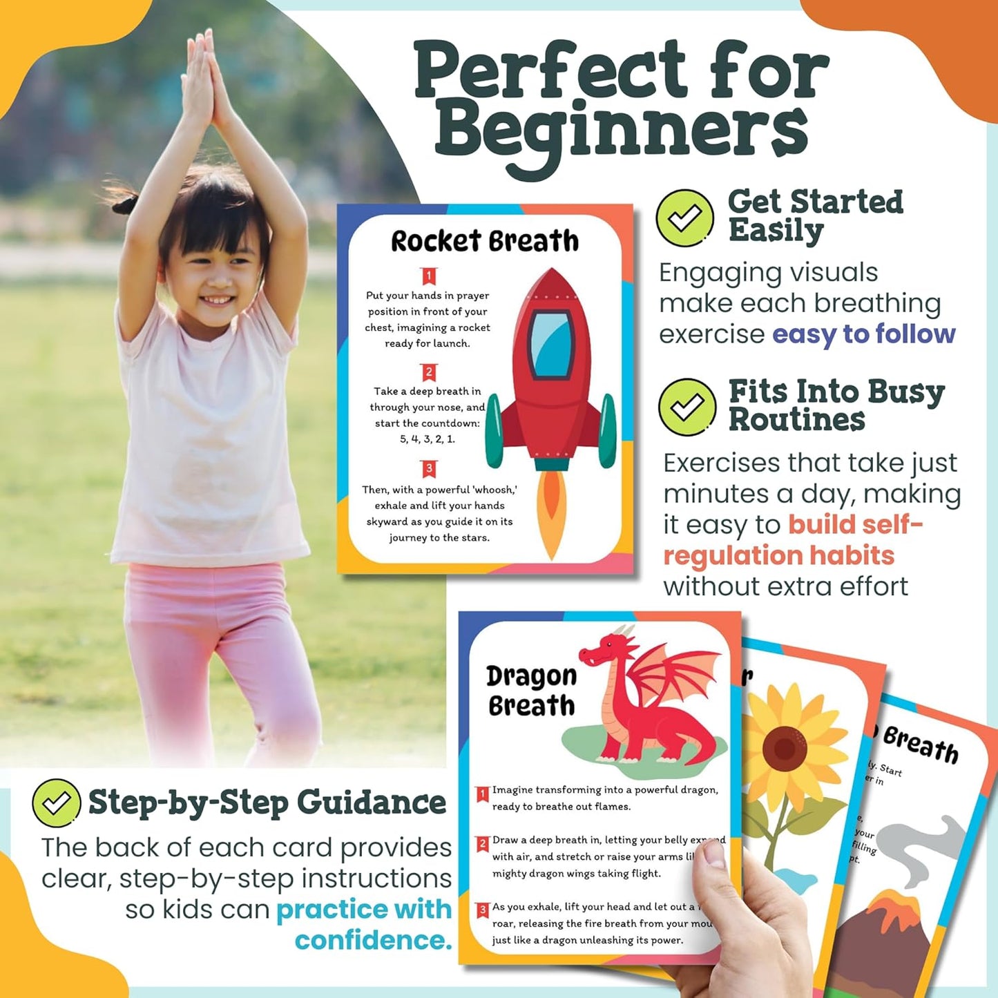 Breathing Cards for Kids – Mindfulness & Calming Corner Kit Must Haves, Yoga & Speech Therapy Materials, Special Education Classroom Office, Social Emotional Learning, Mindful Sensory Play Activities