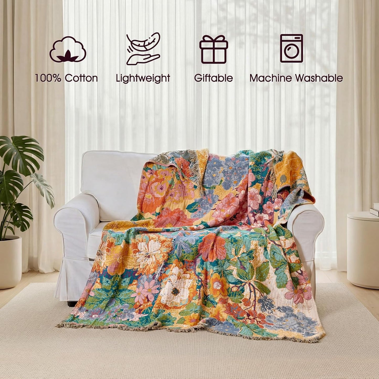 Boho Throw Blanket - 100% Cotton Soft Summer Throw Blanket for Bed, 50"x60" Reversible Breathable Lightweight Blankets, All Seasons Farmhouse Decor Floral Plant Butterfly Throw Quilt