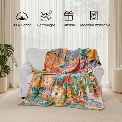 Boho Throw Blanket - 100% Cotton Soft Summer Throw Blanket for Bed, 50"x60" Reversible Breathable Lightweight Blankets, All Seasons Farmhouse Decor Floral Plant Butterfly Throw Quilt
