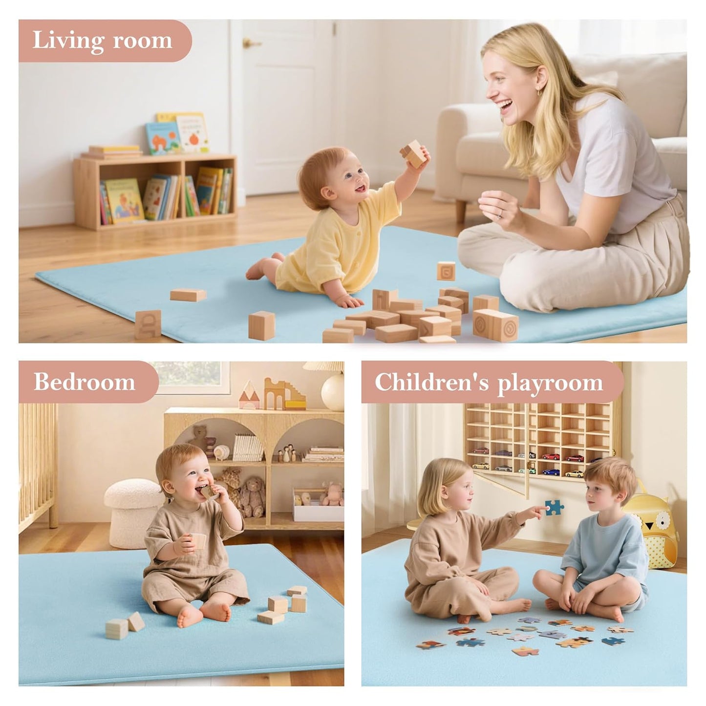 PapaMama Baby Play Mat,1.3" Thick Memory Foam 50x50 Soft Velvet Playpen Mat for Kids,Infants,Toddlers,Tummy Time Crawling Mats with Non-Slip Bottom,Yoga,Tatami,Nursery Rug(Sky Blue)