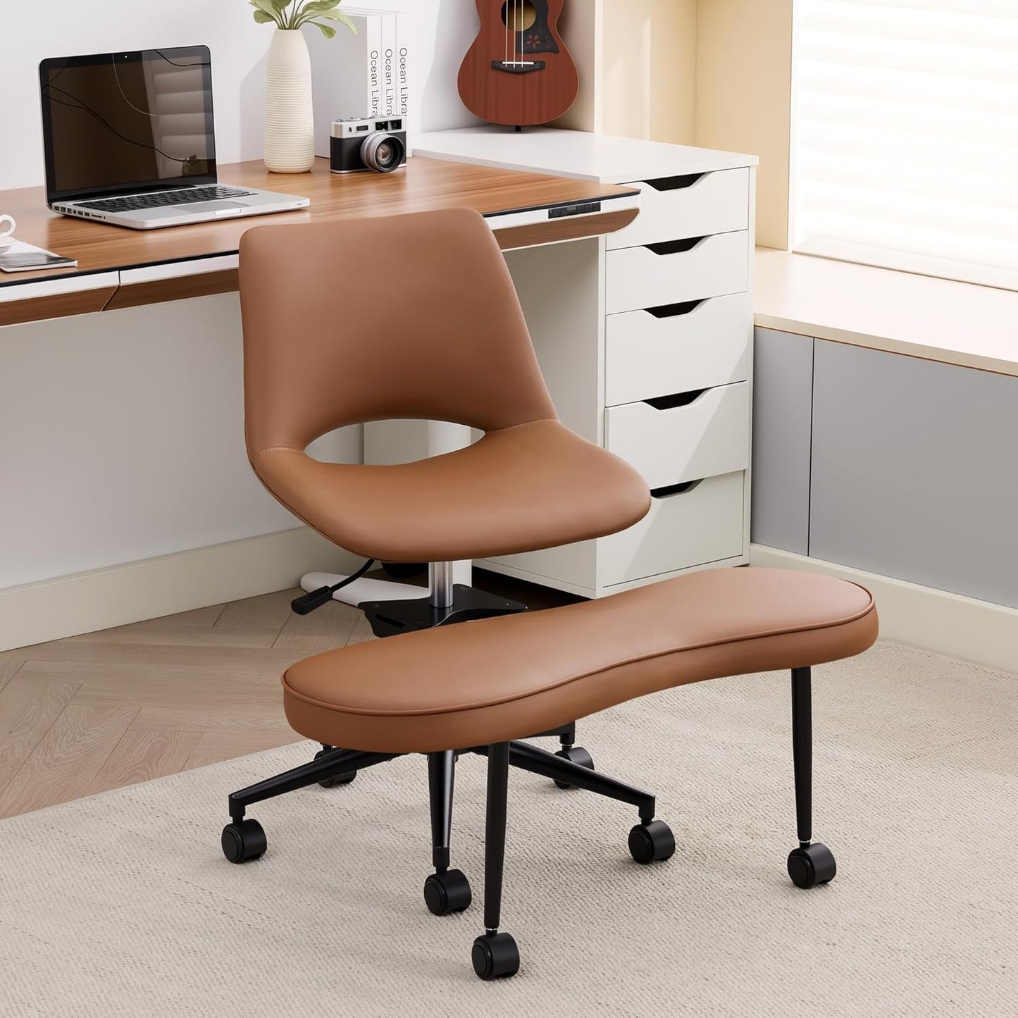GAOMON Ergonomic Cross Legged Chair with High Lumbar Support, 360° Swivel Meditation Chair with Wheels - Adjustable Height for ADHD Desk & Yoga, PU Leather Yoga Stool for Home, Black