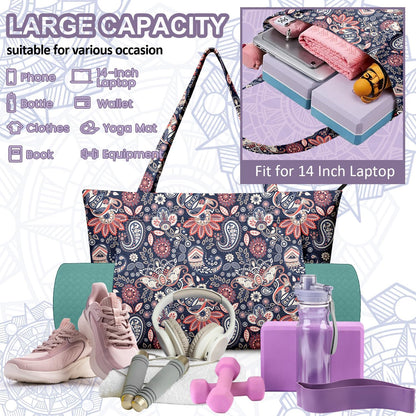 Yoga Bag for Women, Large Canvas Yoga Mat Tote Bag with Yoga Mat Carrier - Large Mat Pocket Fitness Tote for Pilates, Gym, Travel, Office & Beach