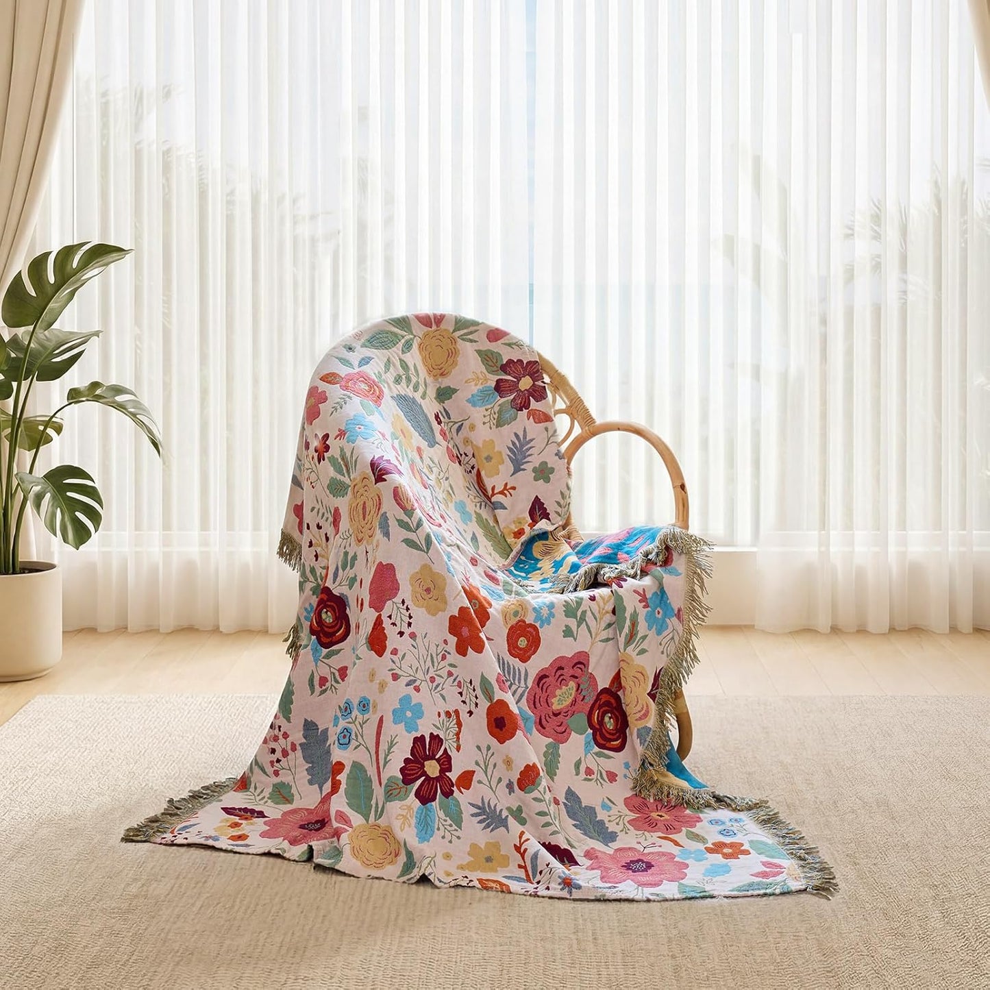 Boho Throw Blanket - 100% Cotton Soft Summer Throw Blanket for Bed, 50"x60" Reversible Breathable Lightweight Blankets, All Seasons Farmhouse Decor Floral Plant Butterfly Throw Quilt