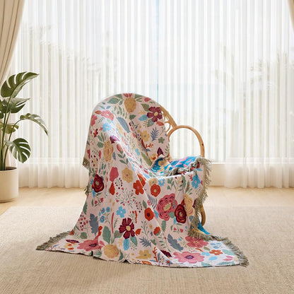 Boho Throw Blanket - 100% Cotton Soft Summer Throw Blanket for Bed, 50"x60" Reversible Breathable Lightweight Blankets, All Seasons Farmhouse Decor Floral Plant Butterfly Throw Quilt