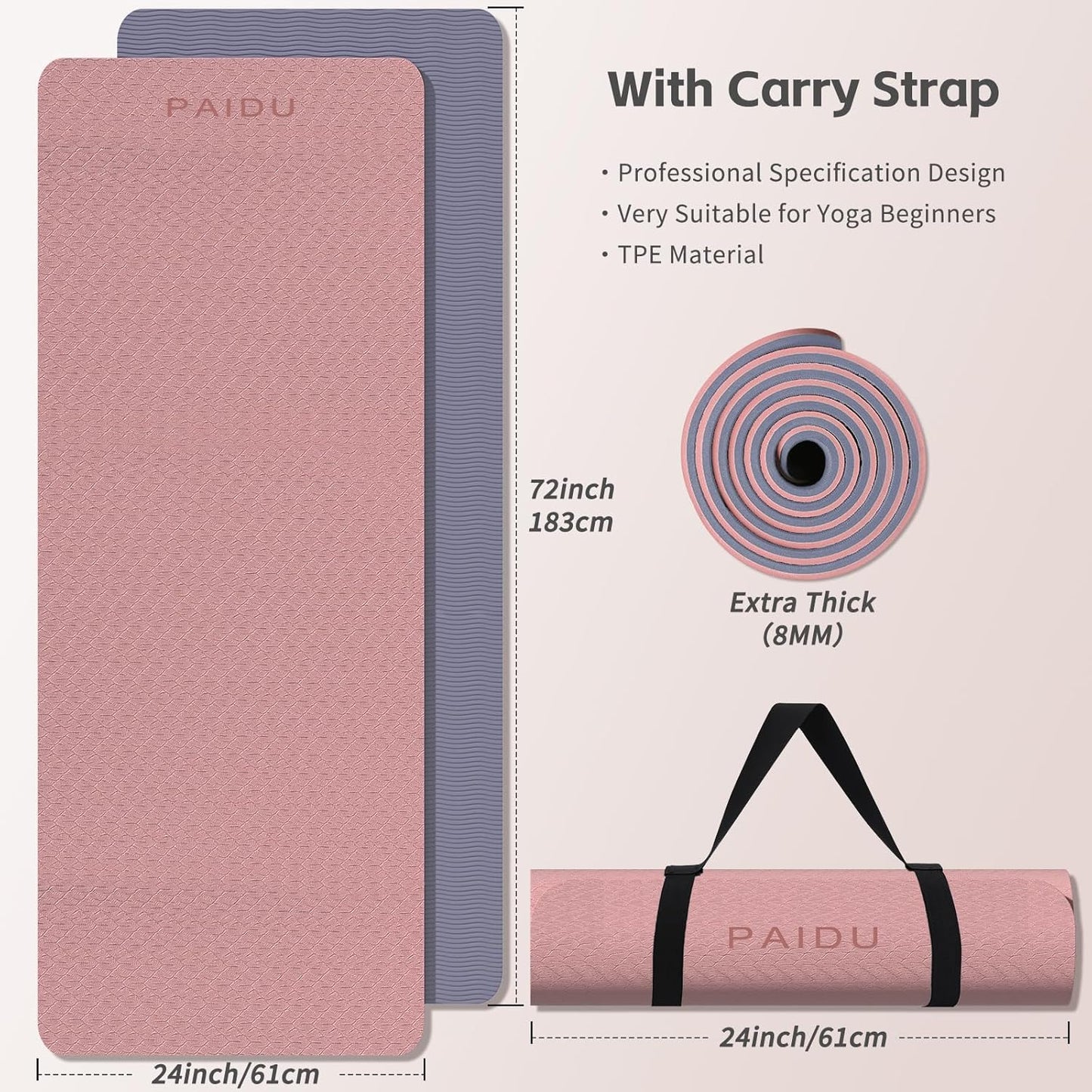 PAIDU Yoga Mat 8mm Super Thick TPE Fitness Mat | SGS Certified | Non-Slip, Odorless & Tear-Resistant | Unisex with Strap | for Yoga, Pilates, Meditation & Home Workouts