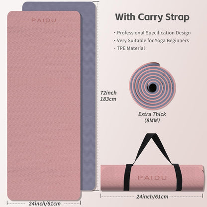 PAIDU Yoga Mat 8mm Super Thick TPE Fitness Mat | SGS Certified | Non-Slip, Odorless & Tear-Resistant | Unisex with Strap | for Yoga, Pilates, Meditation & Home Workouts