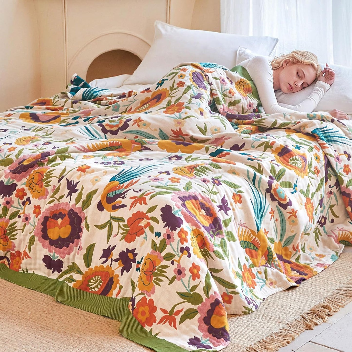 Boho Throw Blanket - 100% Cotton Soft Summer Throw Blanket for Bed, 50"x60" Reversible Breathable Lightweight Blankets, All Seasons Farmhouse Decor Floral Plant Butterfly Throw Quilt