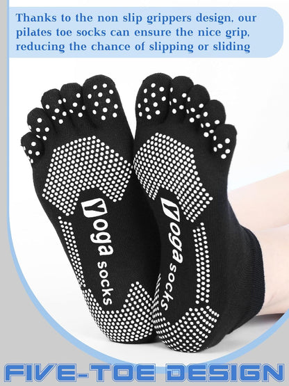 Fourluoo 6 Pairs Women Toe Socks Non Slip Yoga Socks with Grip Men Pilates Toe Socks for Dance Gym