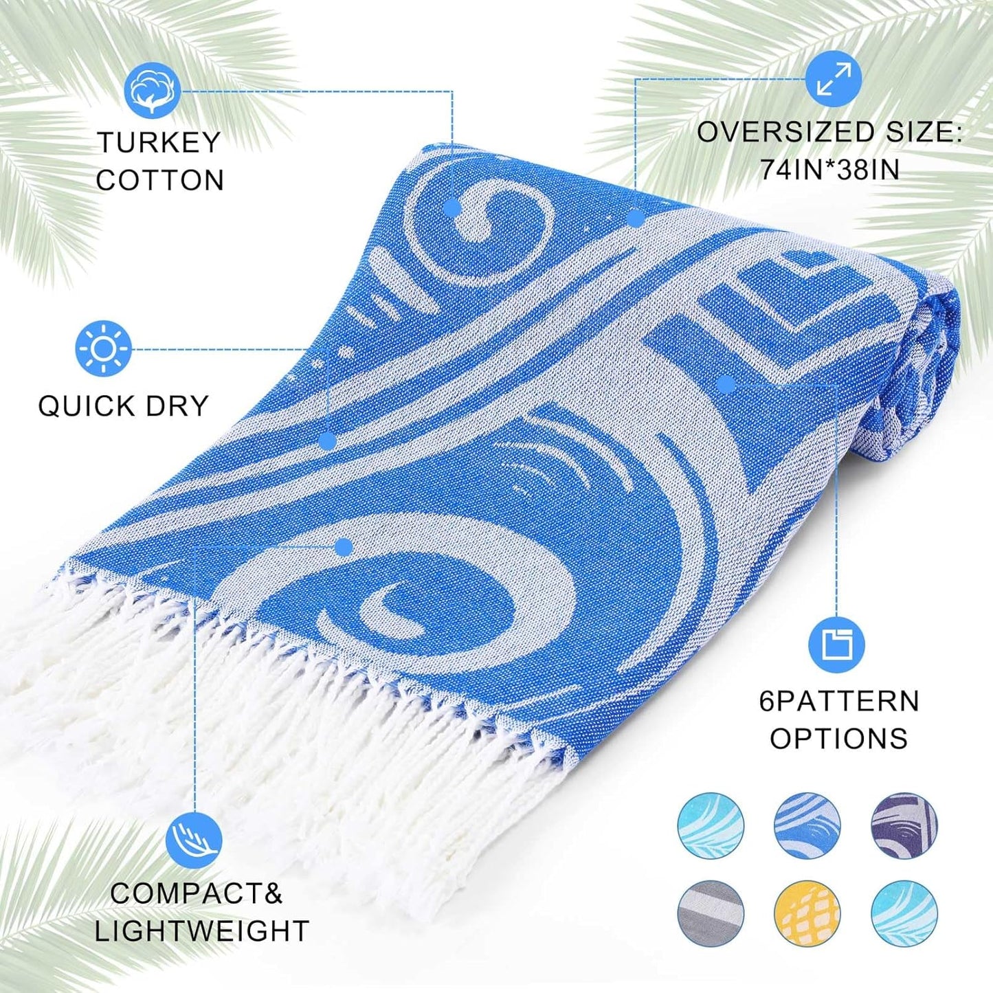 Genovega 6 Packs Oversized Turkish Beach Towels Set Bulk 74"x38" Extra Large Quick Dry Sand Free Light Swim Bath Camping Pool Towel Travel Blanket Essentials Cruise Accessories Adult Vacation Stuff