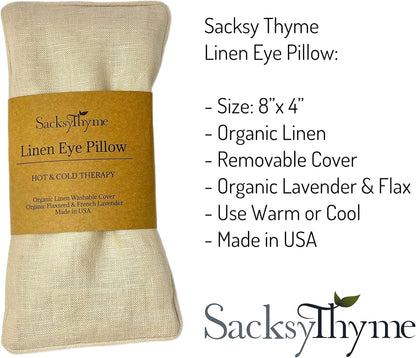 Sacksy Thyme Organic Linen Eye Pillow - Lavender & Flaxseed for Relaxation, Yoga, Stress Relief - Microwavable Heating Pad & Cool Compress - Made in USA - Gifts for Meditation