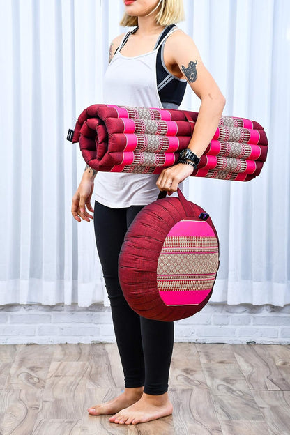 Leewadee Meditation Cushion Set – 1 Round Zafu Meditation Pillow and 1 Square Roll-Up Zabuton Meditation Mat, Pillows Bundle Filled with Kapok