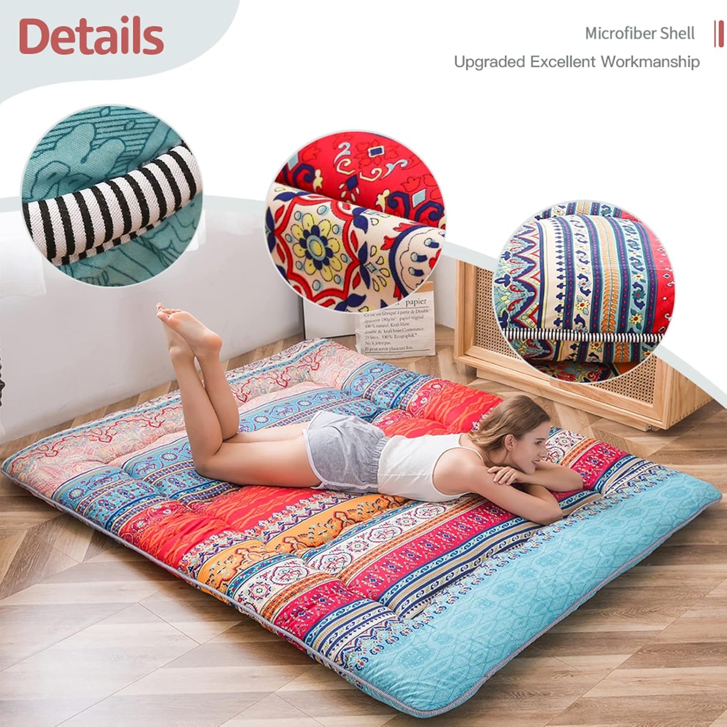 MAXYOYO Bohemian Retro Mattress Boho Floral Japanese Futon Mattress Tatami Floor Mat Foldable Portable Camping, Sleeping Pad, Lounger Couch Bed Full Size