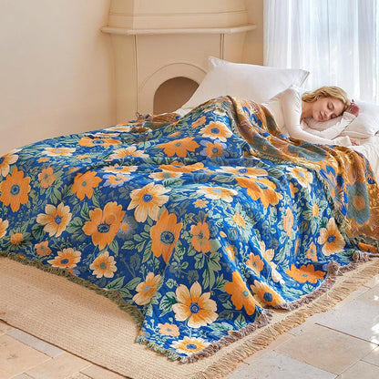 Boho Throw Blanket - 100% Cotton Soft Summer Throw Blanket for Bed, 50"x60" Reversible Breathable Lightweight Blankets, All Seasons Farmhouse Decor Floral Plant Butterfly Throw Quilt
